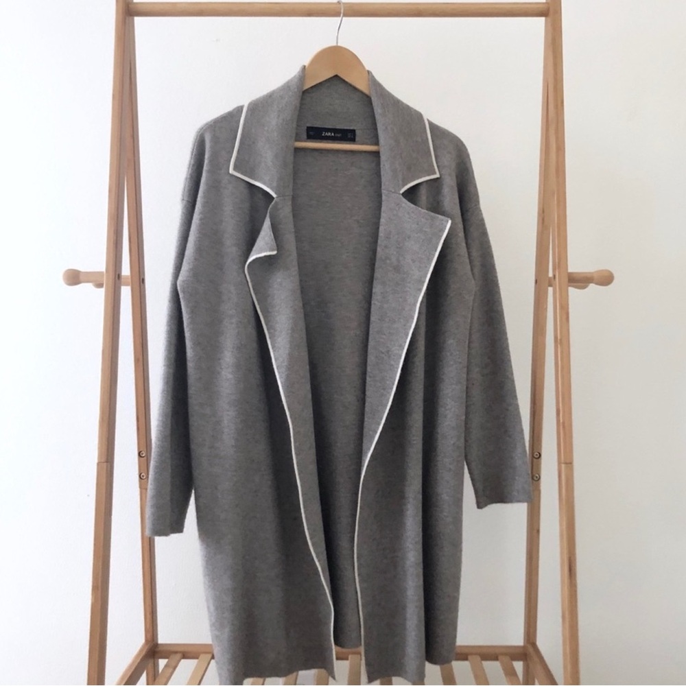 Zara Knit Women's S Gray White Trim Open Front Long Cardigan Jacket Pockets
